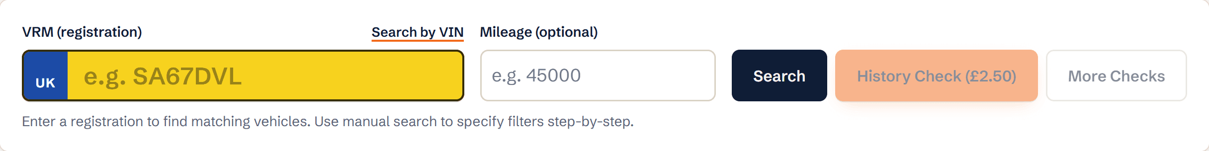 The DealerPricing dashboard search with registration and mileage fields and the Search, History Check and More Checks buttons