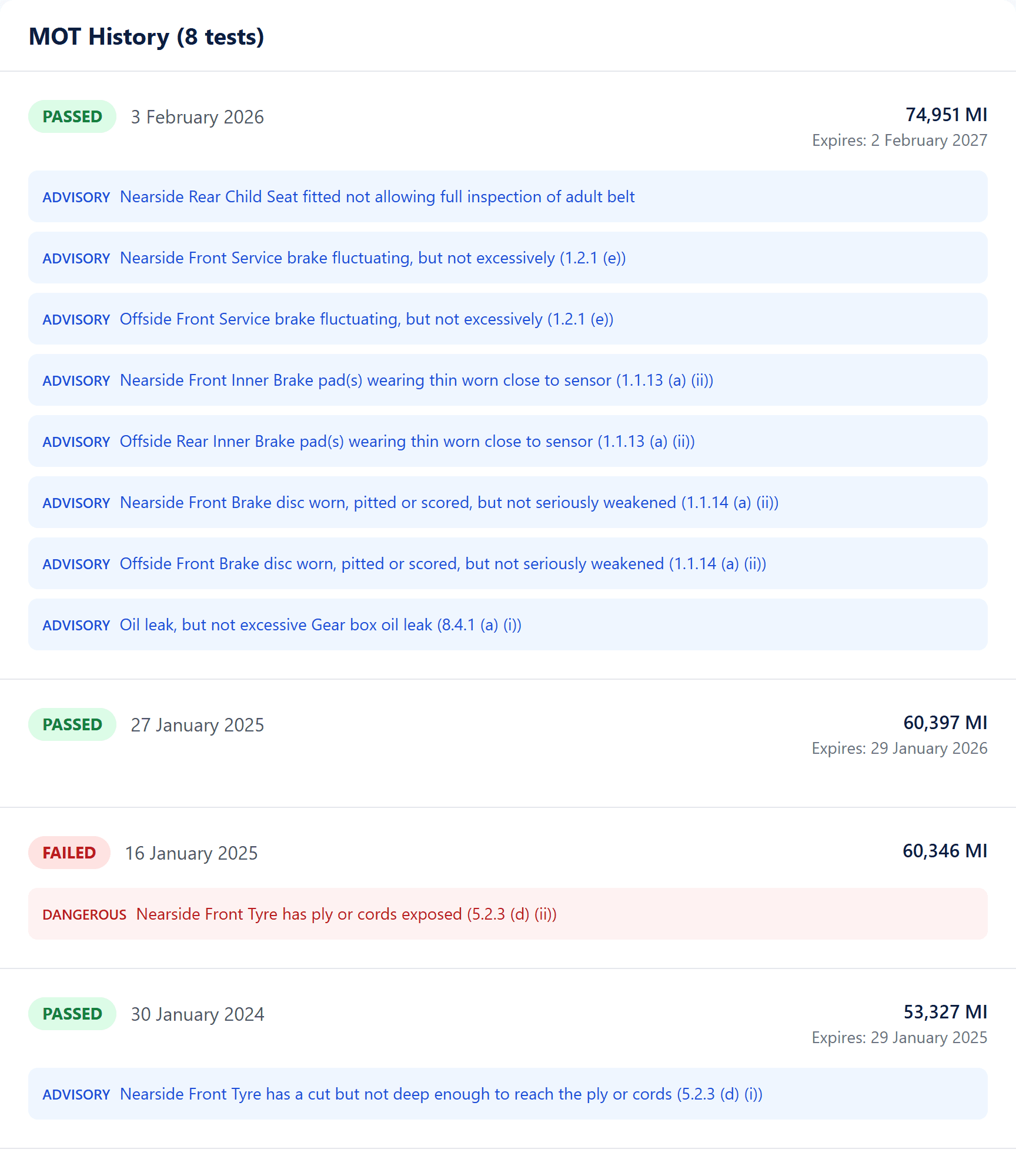 A free MOT history result listing each test with the date, mileage, result and colour-coded advisories
