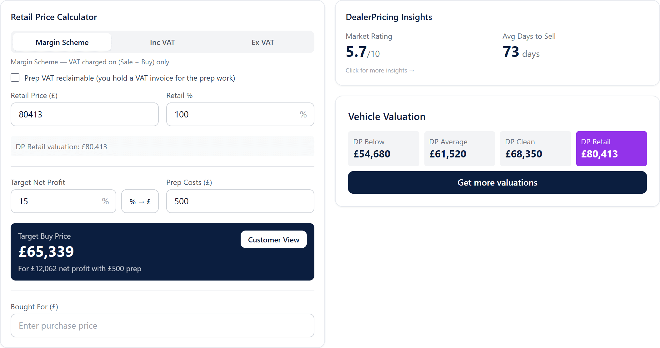 Retail Price Calculator with margin scheme, retail price, target net profit and prep costs