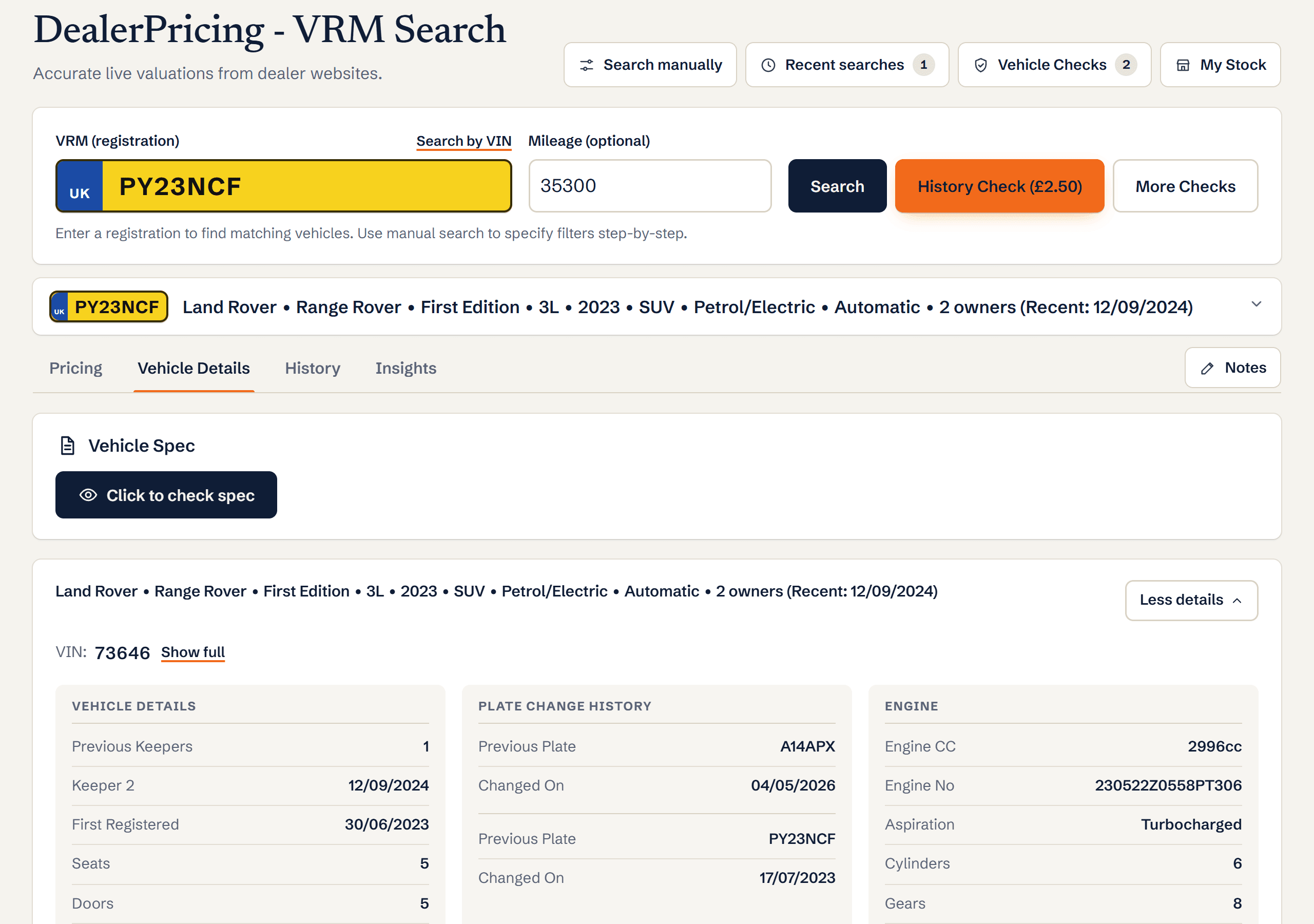 Vehicle Details tab with the Vehicle Spec panel and decoded engine, performance and emissions data