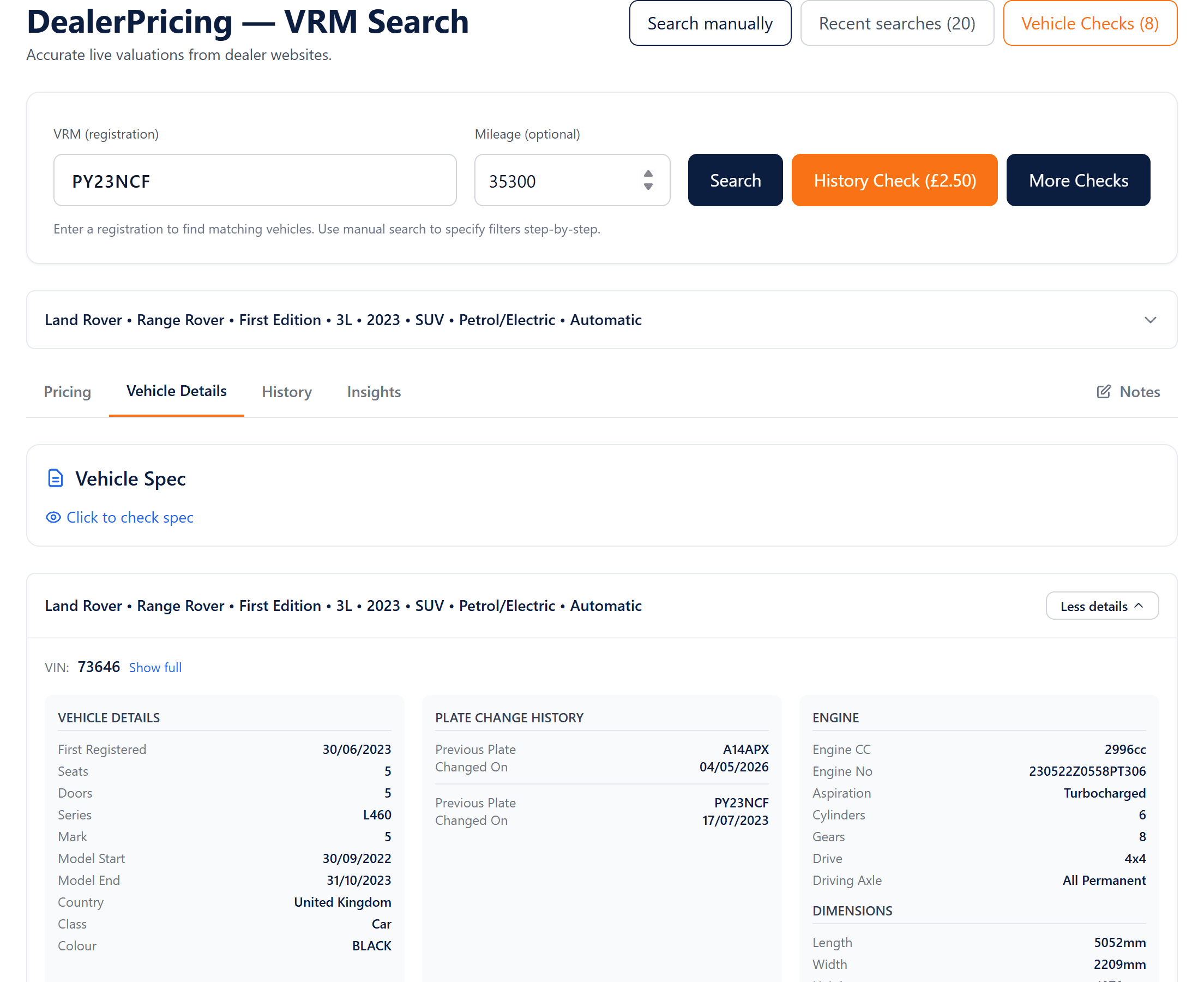 The Vehicle Details tab with decoded specification and the spec check