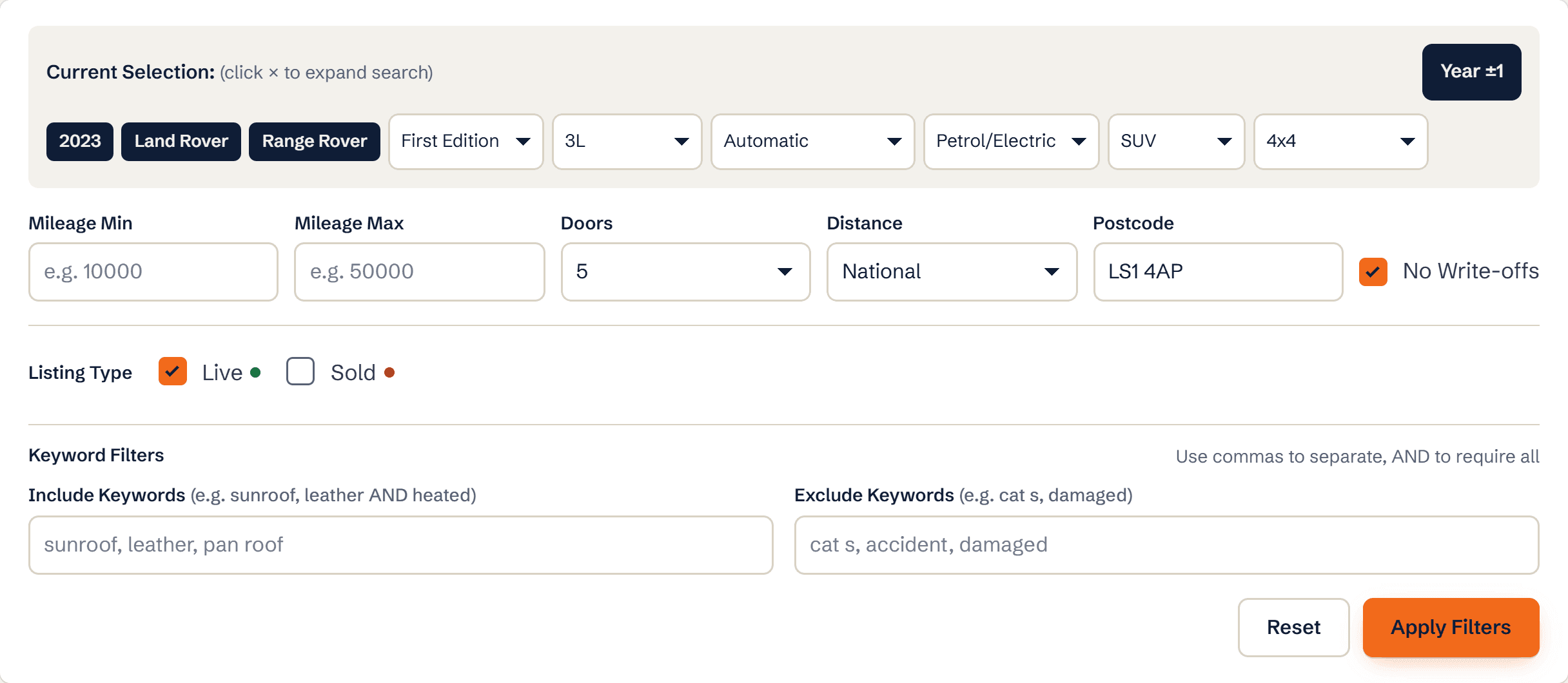 The filters panel with mileage, doors, distance, postcode and listing type options