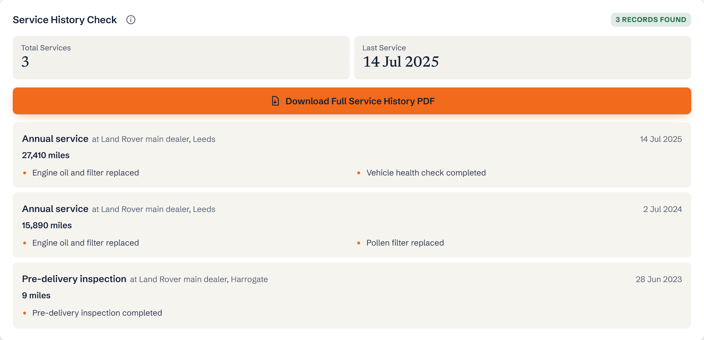 The History tab with the Service History Check panel and MOT history