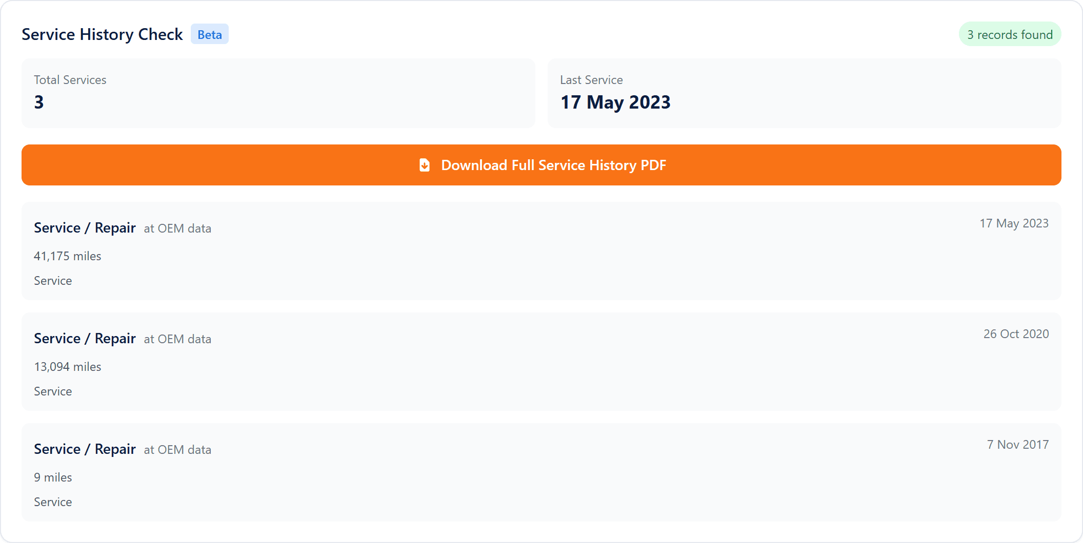 The History tab with the Service History Check panel and MOT history