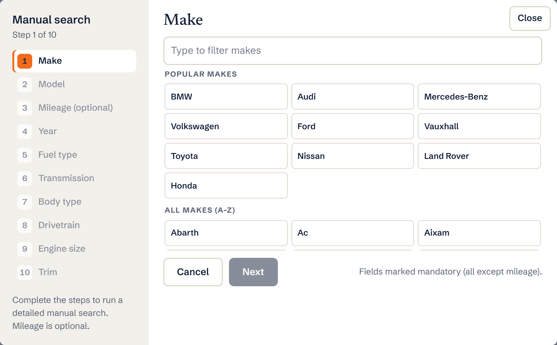 The manual search wizard starting with the make step