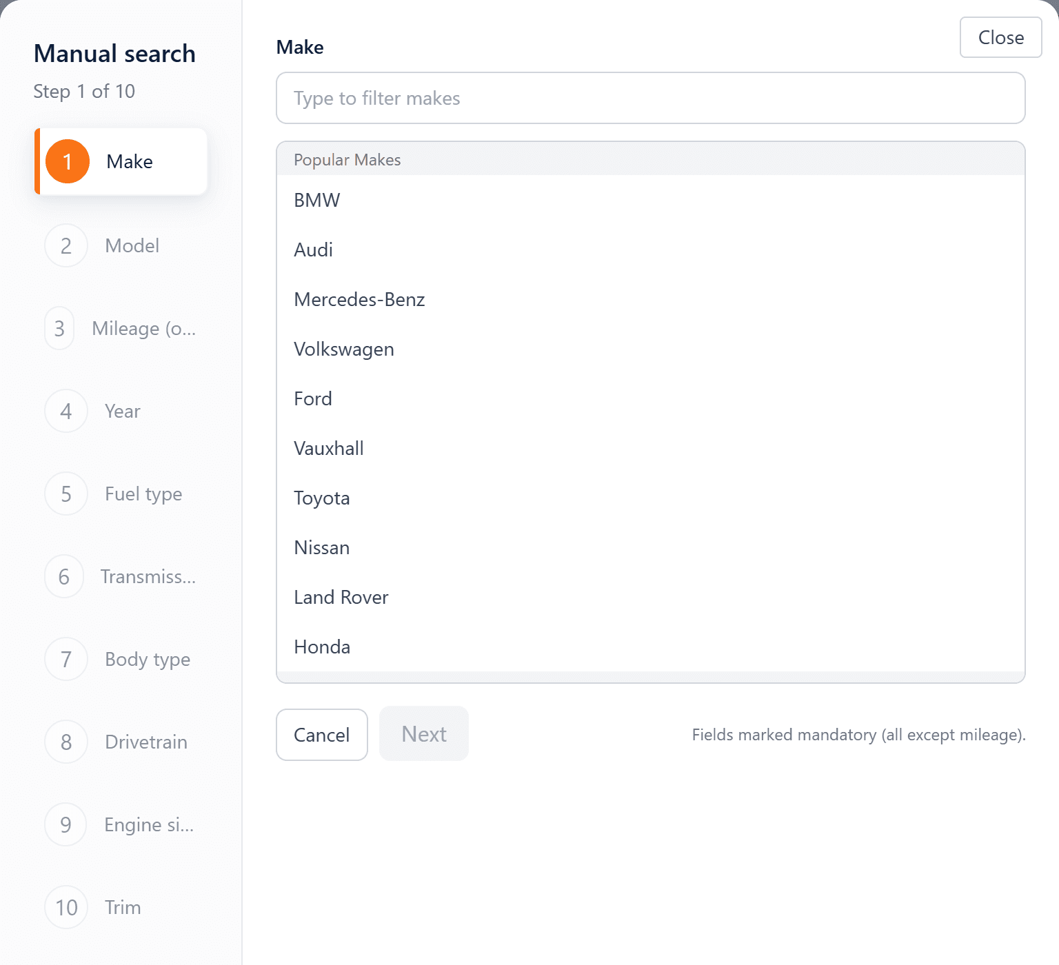 The manual search wizard starting with the make step