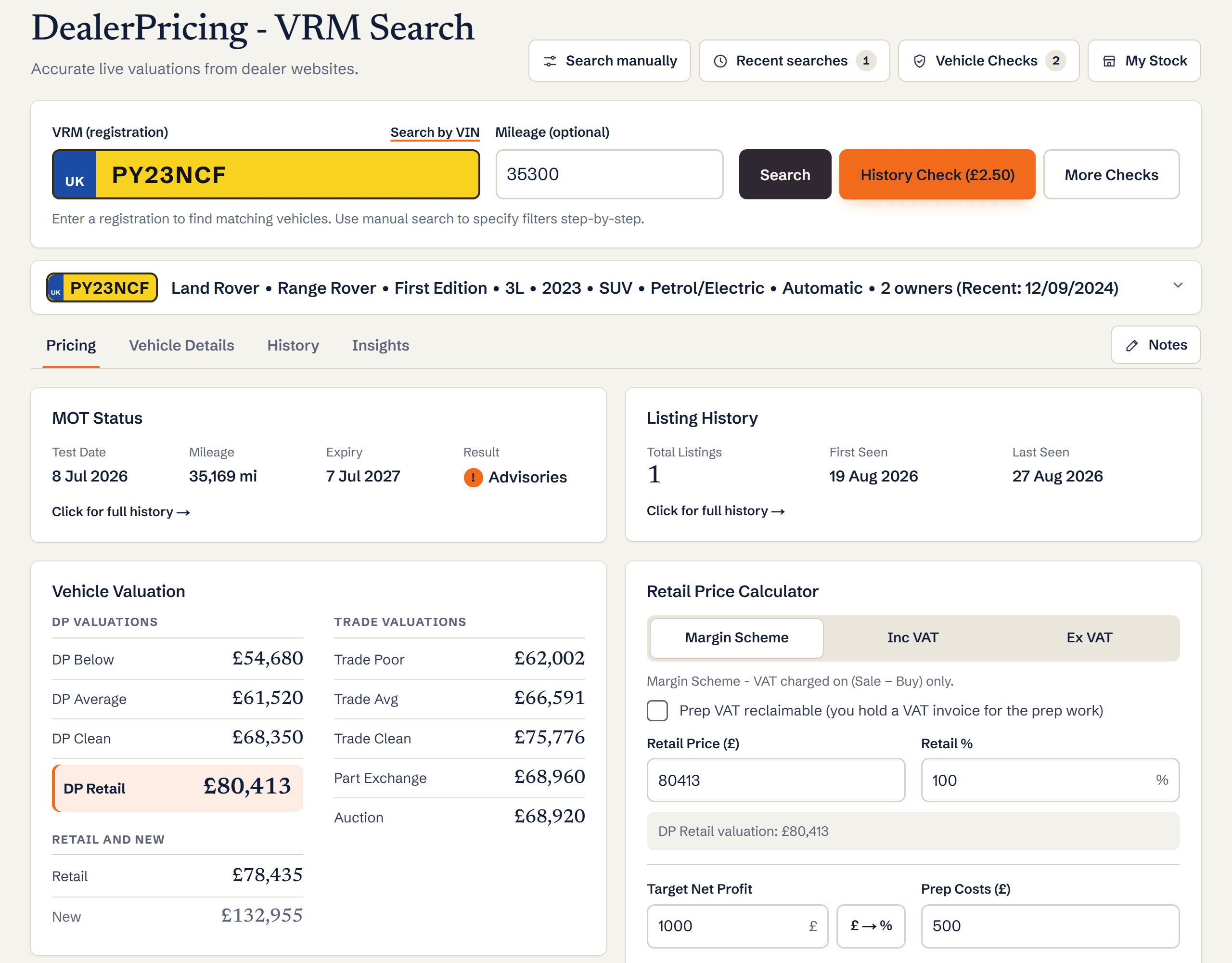 Dashboard pricing tab: MOT status, listing history, retail price calculator, DealerPricing Insights and vehicle valuation for a searched car