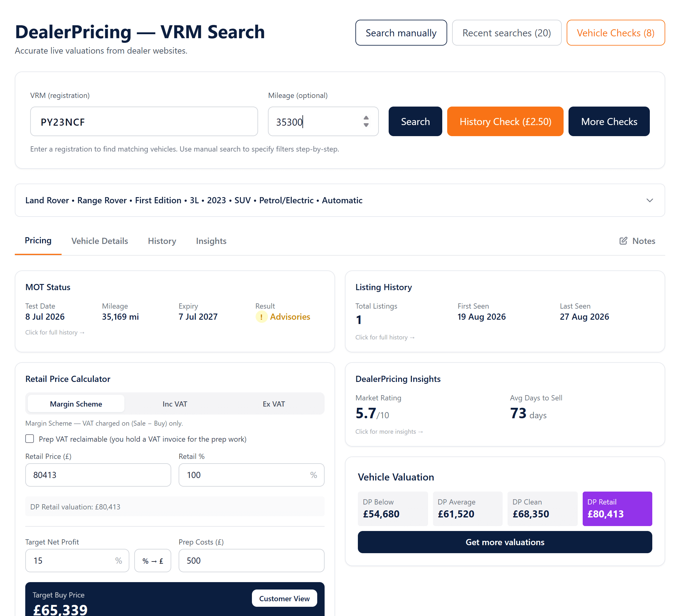 Dashboard pricing tab showing MOT status, listing history, retail price calculator, insights and vehicle valuation