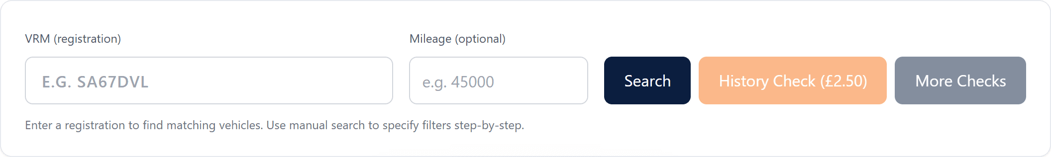The dashboard VRM search with registration and optional mileage fields
