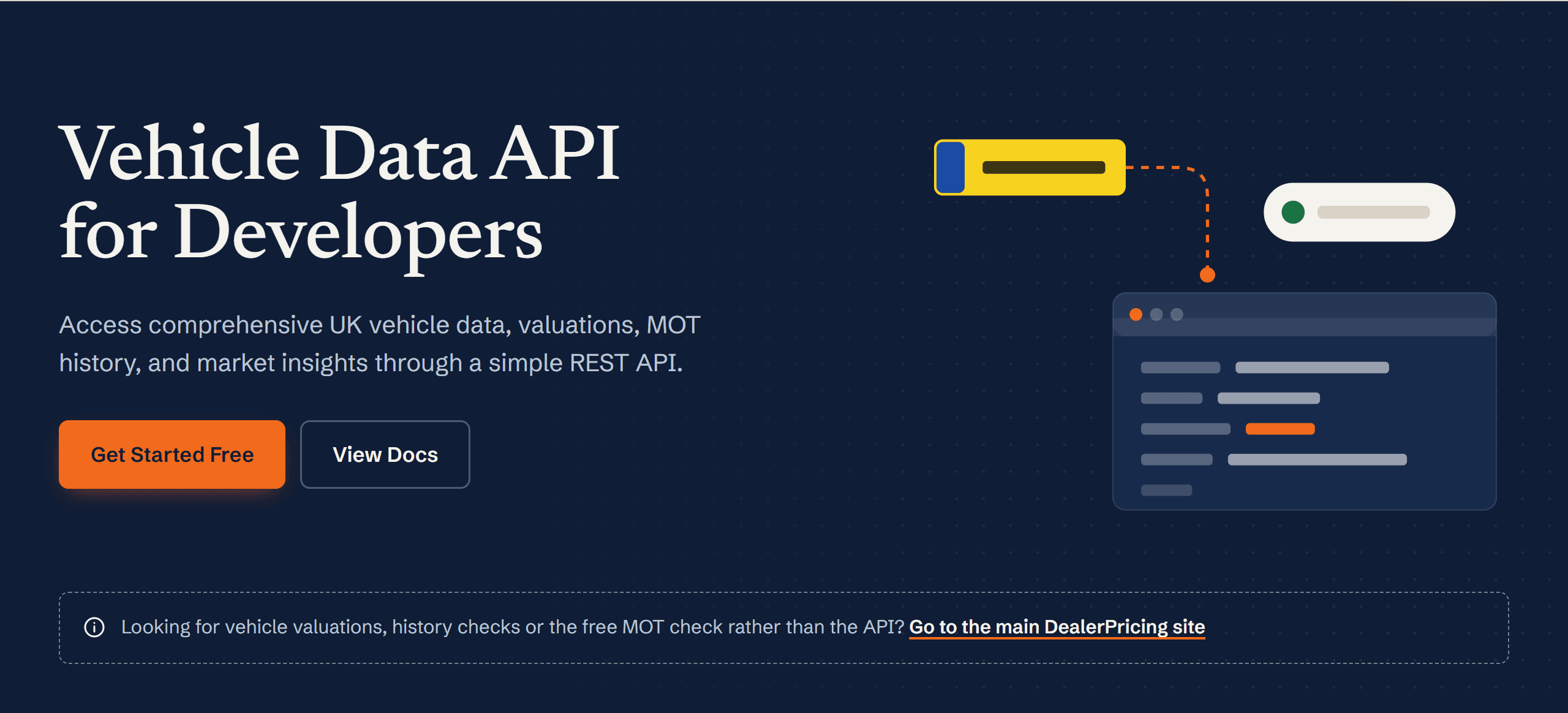 The DealerPricing developer portal landing page with an example API request