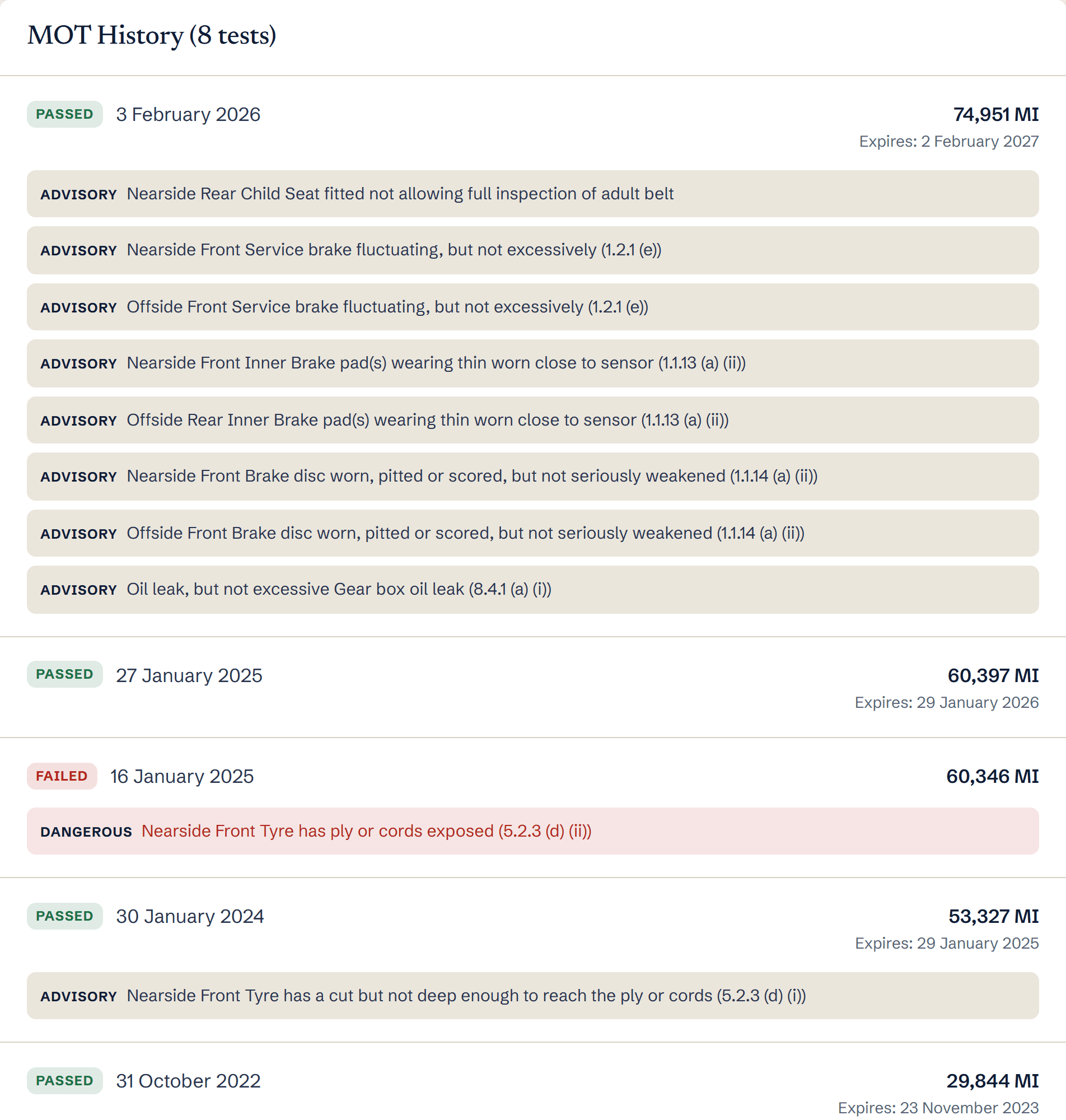 Example MOT history showing test dates, mileage readings and colour-coded advisories