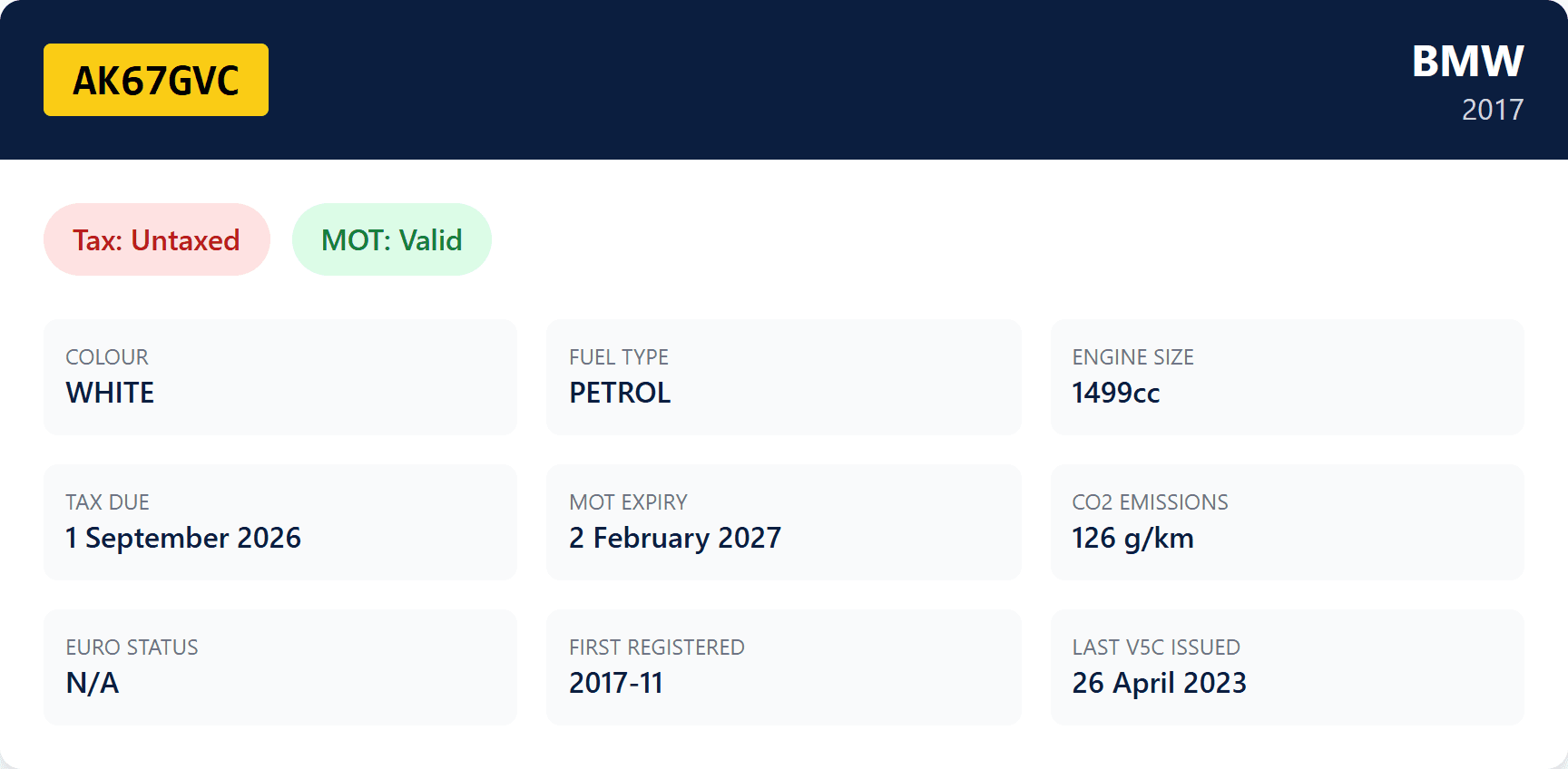 Free check result confirming make, year, colour, fuel and tax and MOT status
