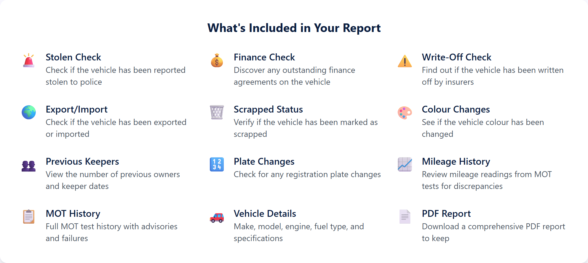 What is included in a DealerPricing history report: stolen, finance, write-off, export/import, scrapped, colour changes, keepers, plate changes, mileage, MOT history, vehicle details and PDF