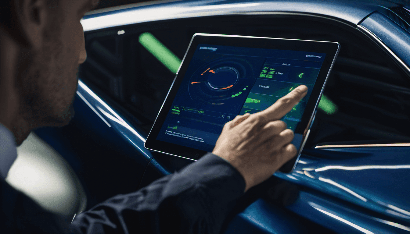 A technician checking a car's digital service record on a tablet beside a dark blue car in a dealership workshop