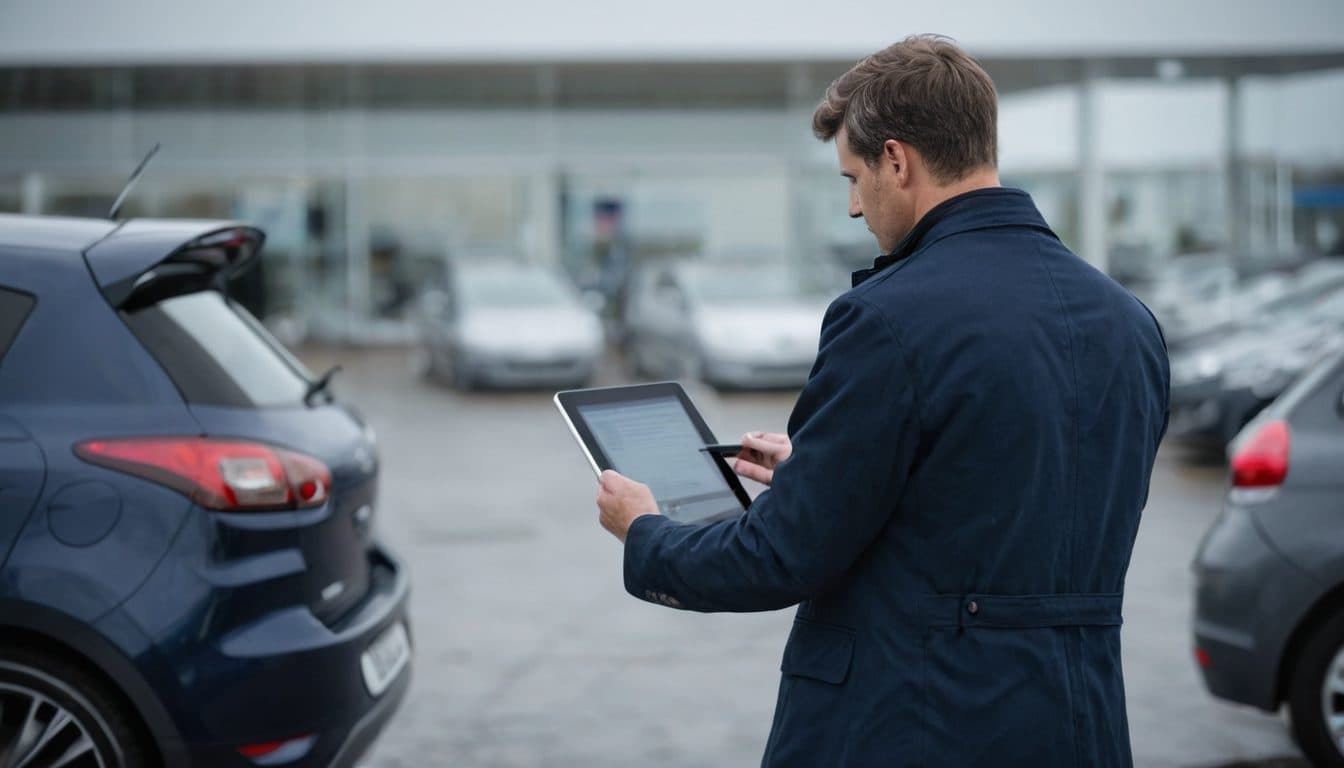 A dealer checking a price on a tablet beside a car on a forecourt