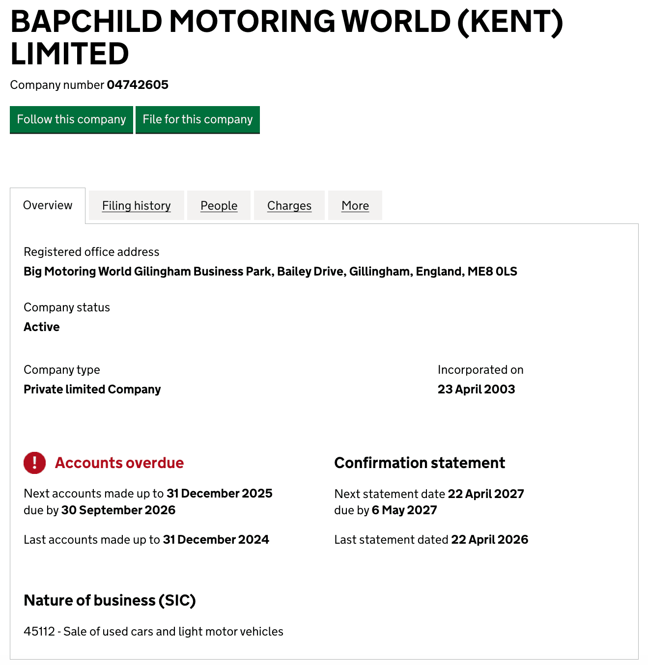overdue company accounts filing notice for Big Motoring World