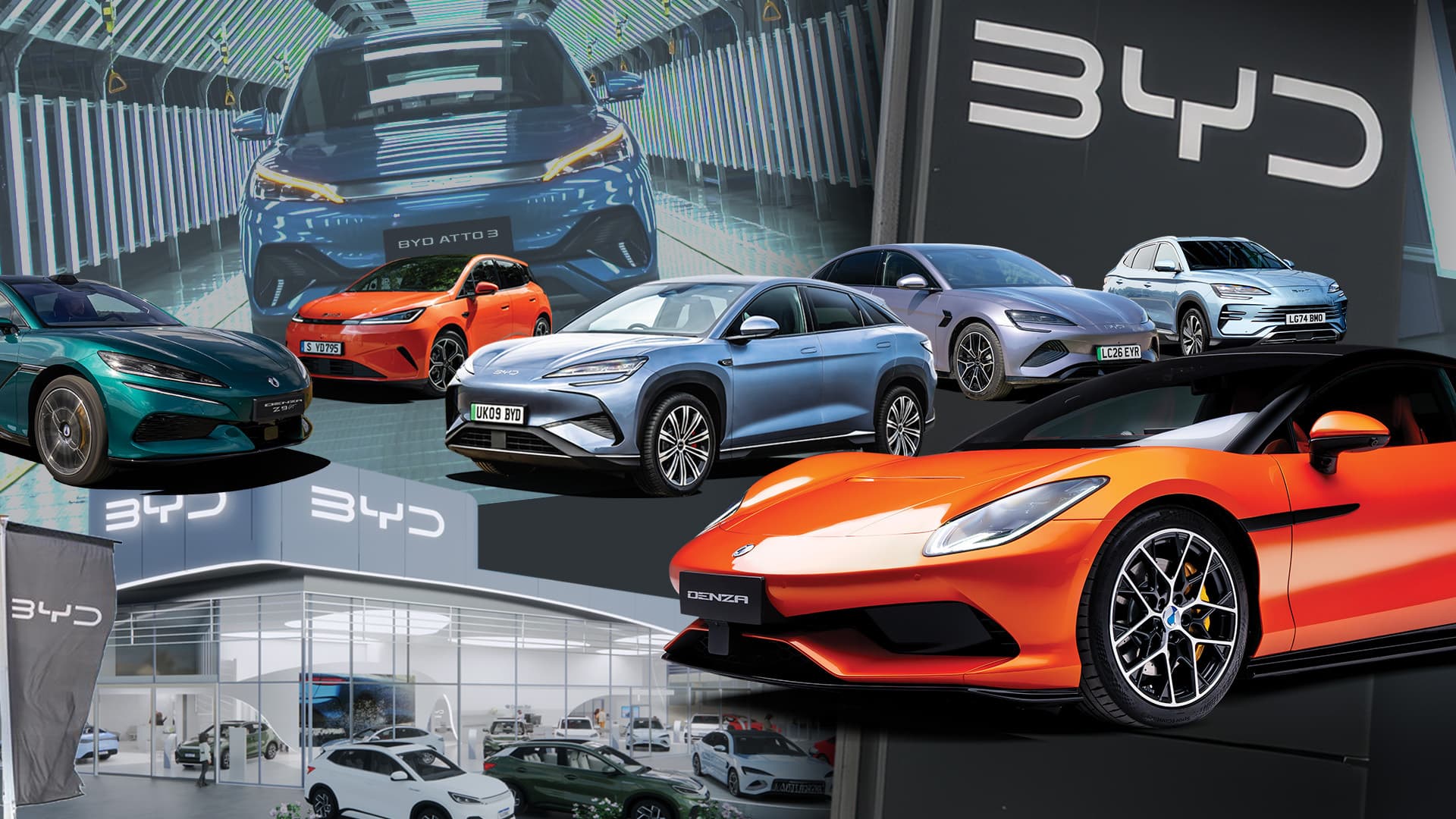 BYD electric models displayed at a UK dealership with branding signage