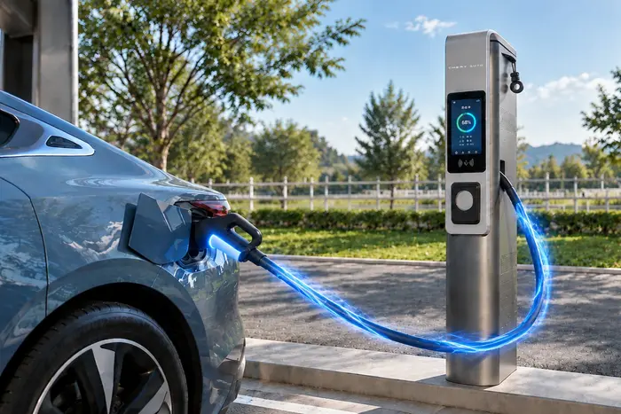 Chery electric vehicle displayed beside a planned UK fast‑charging station