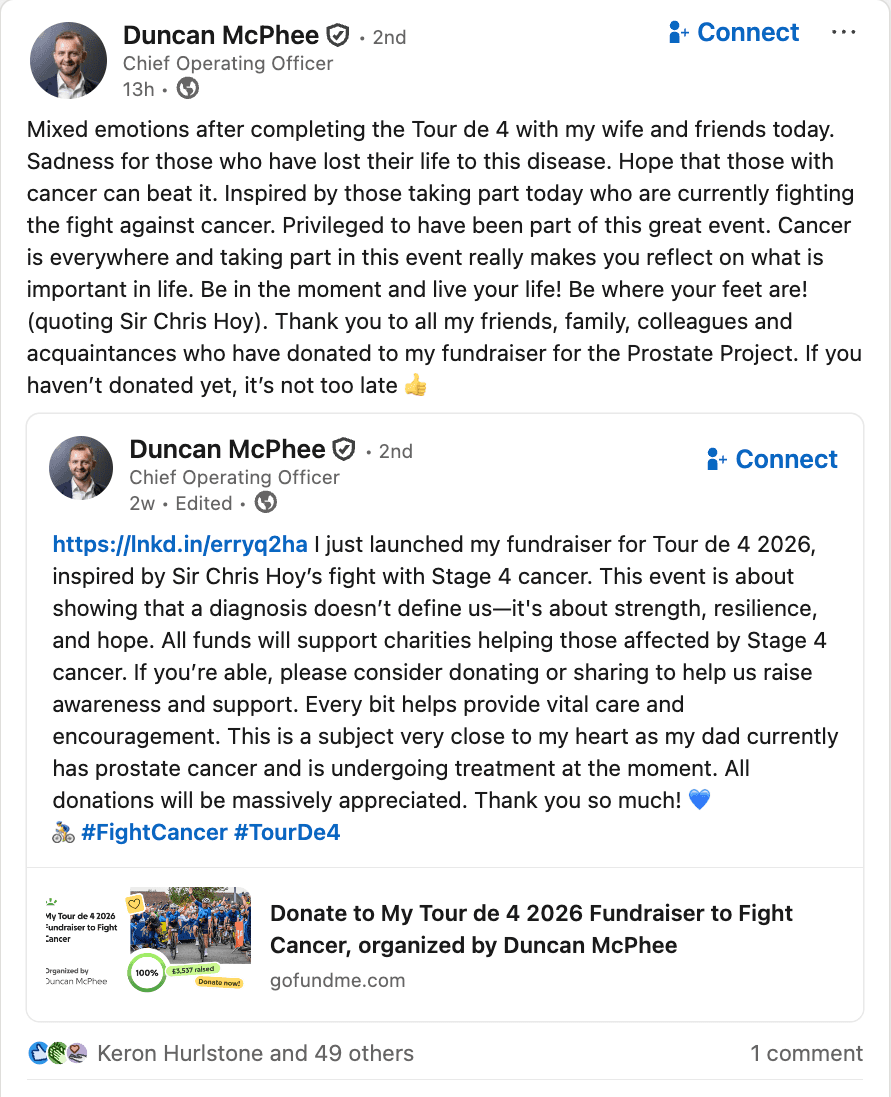 Screenshot of Duncan McPhee’s LinkedIn post announcing completion of the Tour de 4 challenge