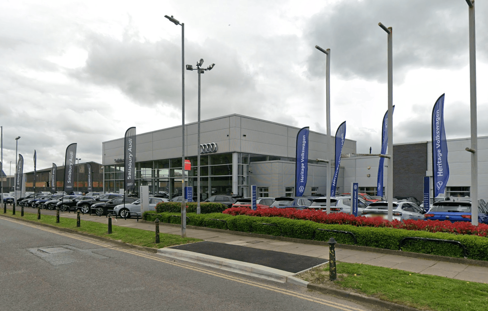 Audi dealership forecourt in Salisbury with signage and parking area