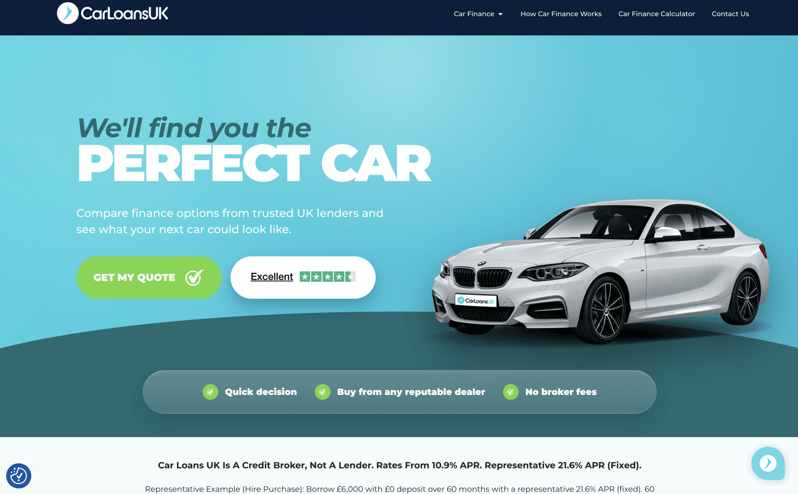 Car Loans UK website homepage showing finance options