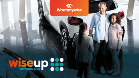 WiseUp+ promotional graphic from Warrantywise aimed at used car dealers