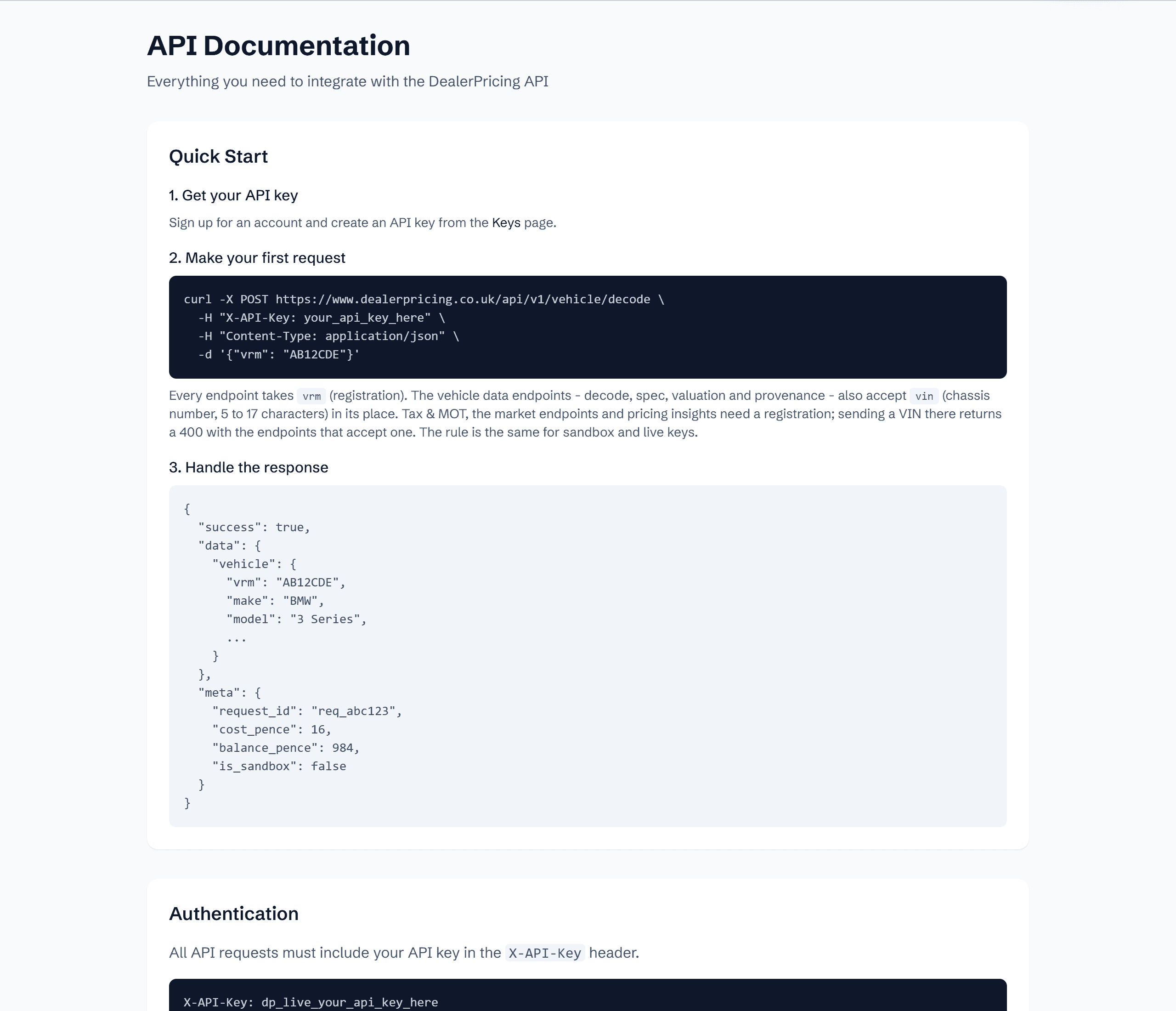 The DealerPricing developer documentation showing the API reference for valuation and vehicle check endpoints